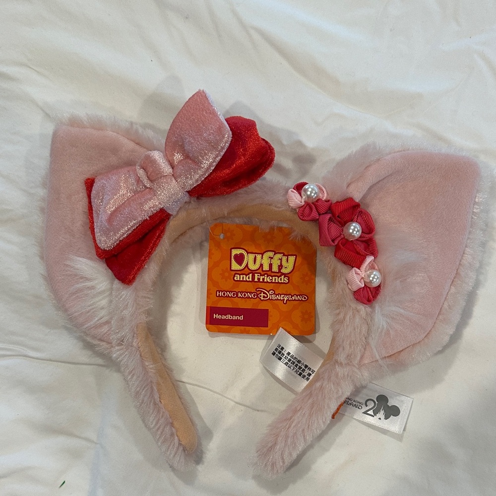 Pink Plush Ear Headband with Red Bow